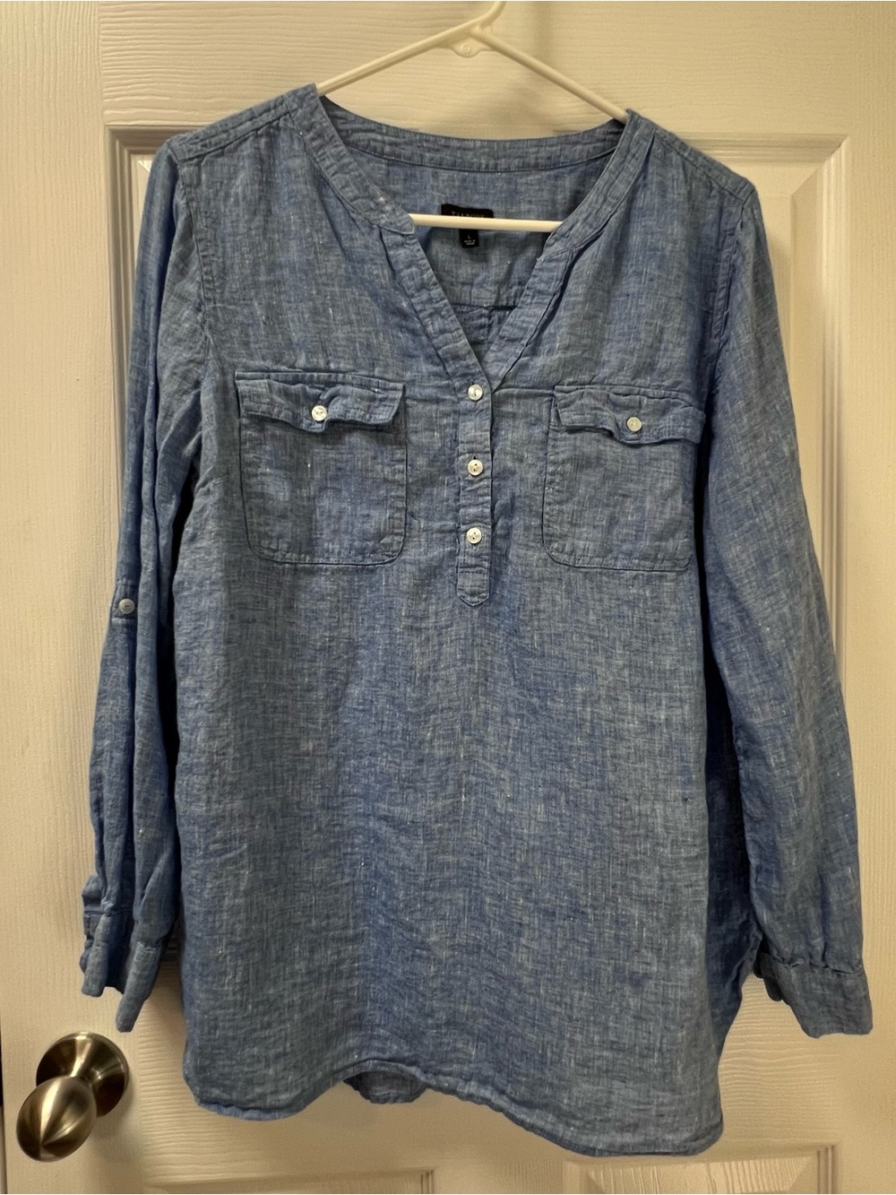 Talbots Women's 100% Linen French Blue Long Sleeve Roll Tab Henley Popover Large